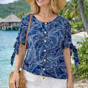 Lara Women's Button-Front Tropical Leaf Navy Blouse With Tie Sleeves Size Small